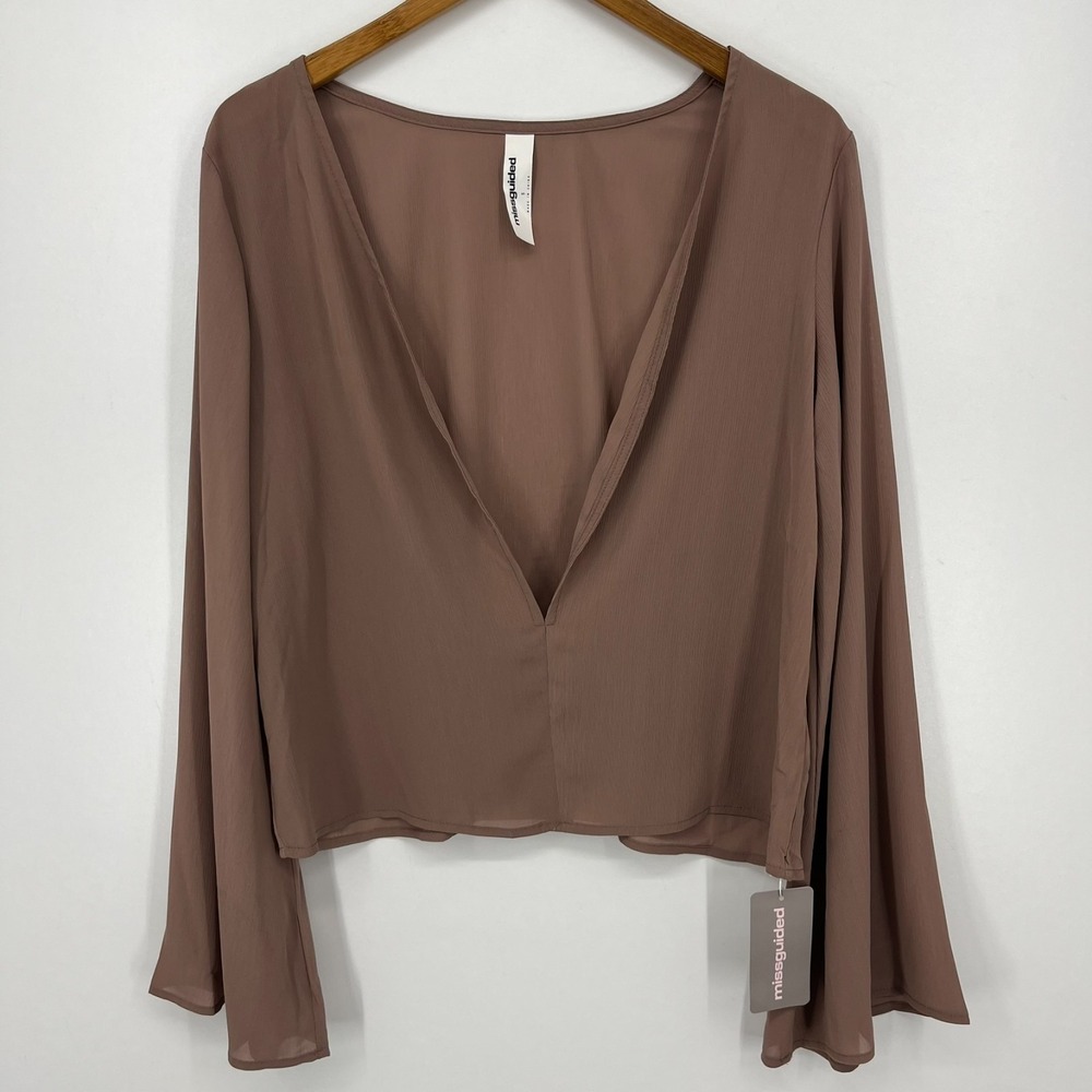 Missguided Blouse‎ Women's Size S Purple Solid Open Neck Long Sleeve New NWT